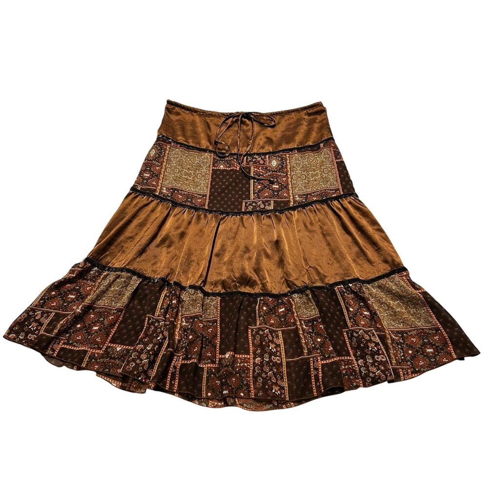 Miss Me Brown Patchwork Vintage Maxi Skirt Paisley Satin Size Small